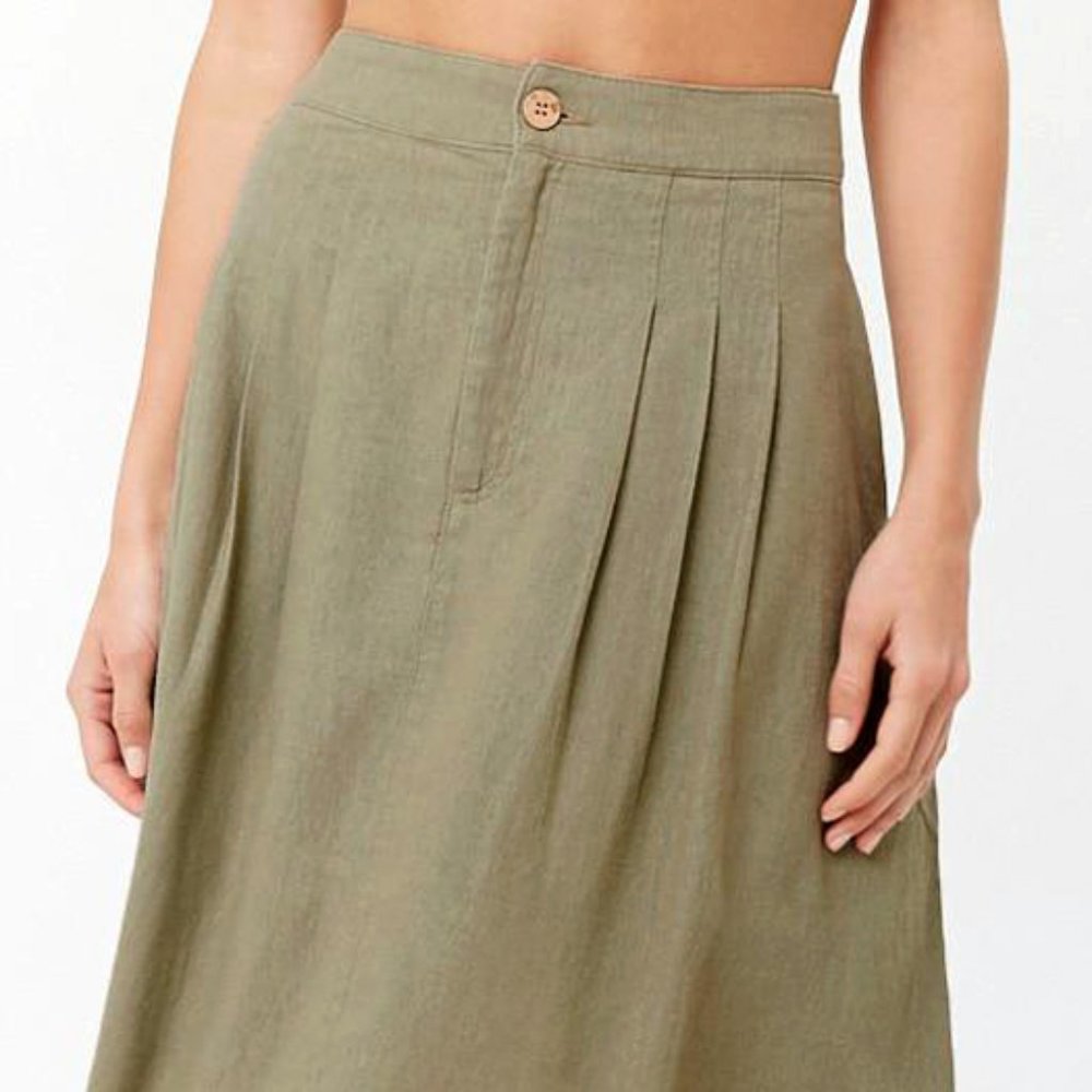 Light Olive Sage Linen Pleated A Line Midi Skirt - Picture 4 of 8